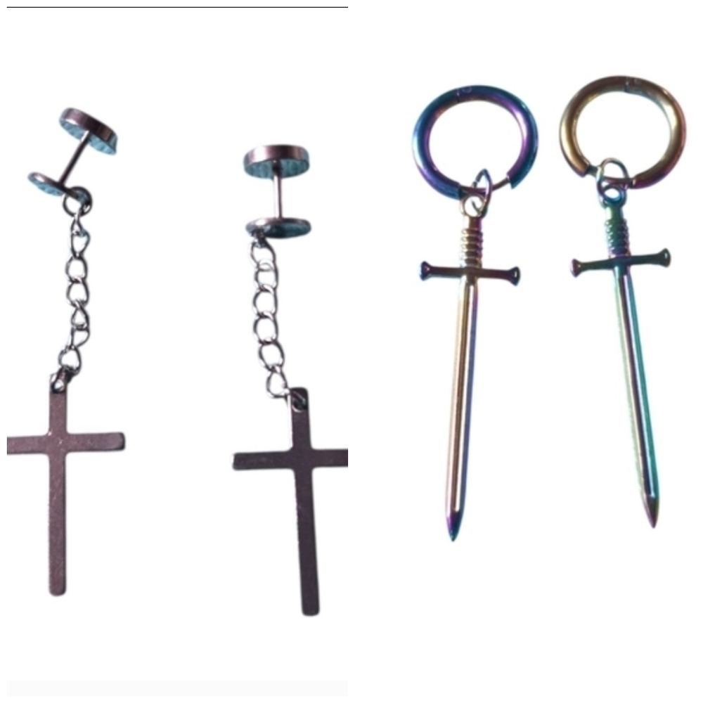 2 Pairs Of Stainless Steel Iridescent Swords + Crosses Earrings New